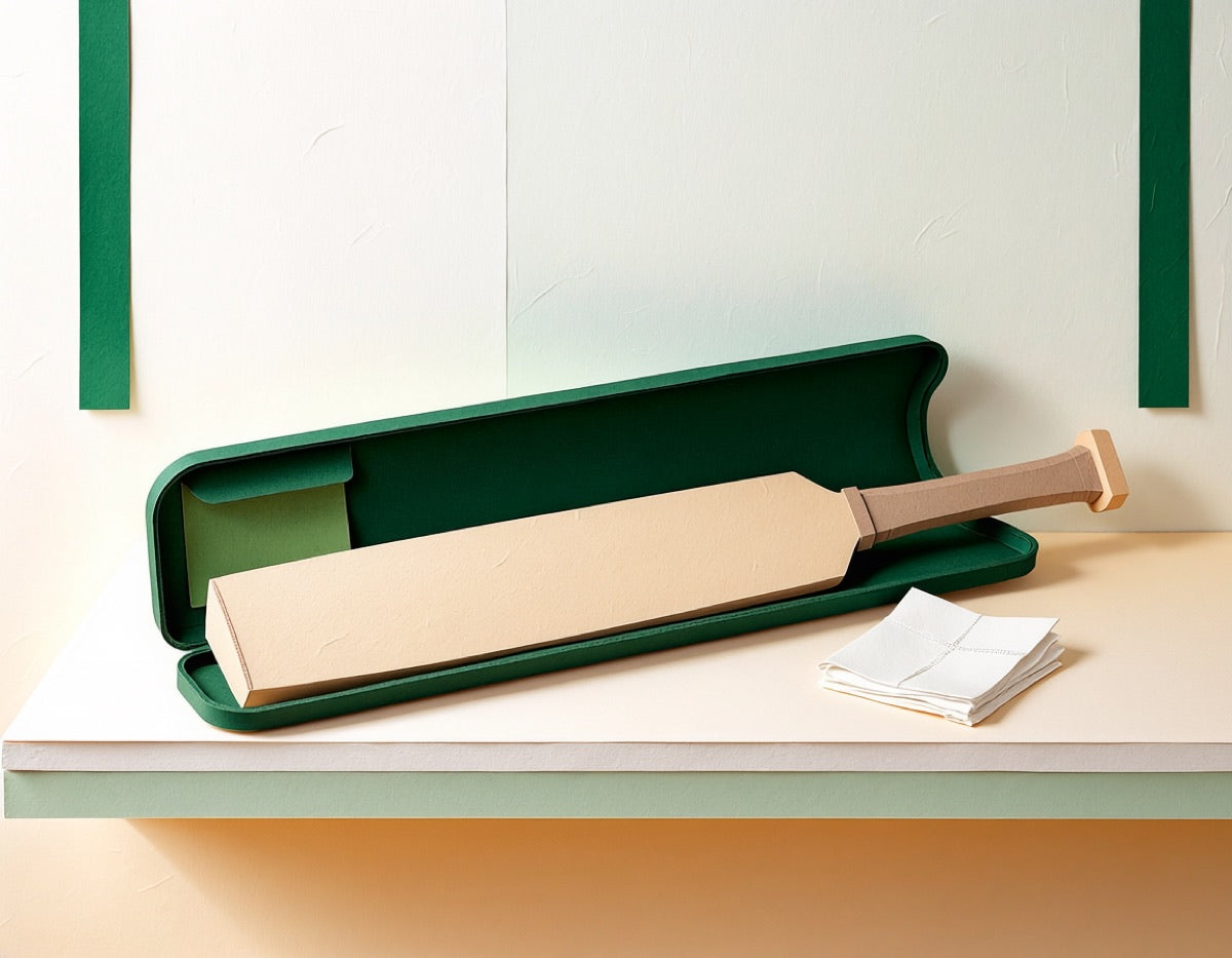 Editorial paper-cut illustration of a cricket bat in an open green protective sleeve beside a folded cloth.