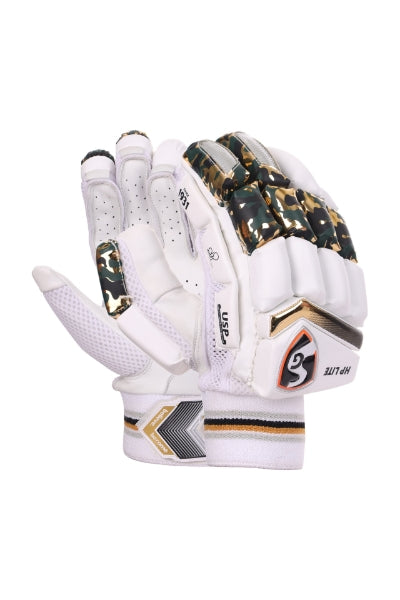 Pair of white and camouflage pattern SG HP Lite cricket batting gloves for youth left-handed batsmen