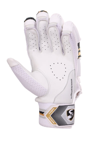 Full front leather palm view of SG HP Lite youth left-hand cricket batting glove with grip perforations