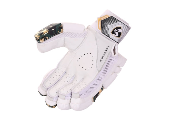 Tilted open palm view of SG HP Lite youth left-hand cricket batting glove showing white leather palm and wrist cuff