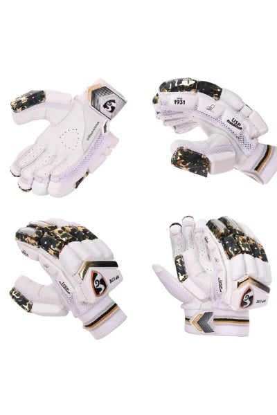 Four-angle grid view showing backhand, palm, thumb, and profile details of SG HP Lite youth cricket batting gloves