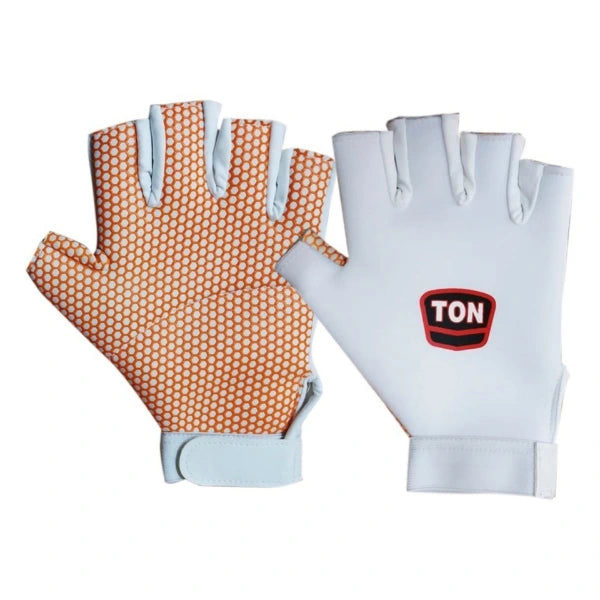 Pair of white SS TON fielding gloves showing honeycomb rubber dotted palm grip and TON logo backhand