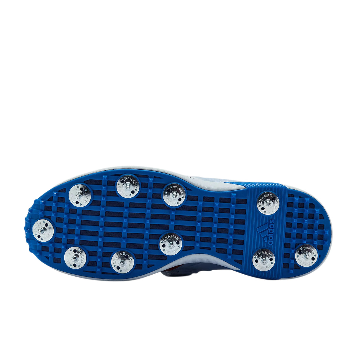 Rear heel view of Adidas adiPower Victor Incurza Cricket Shoes showing metal spikes and red Adidas logo at Alberta Cricket Store.