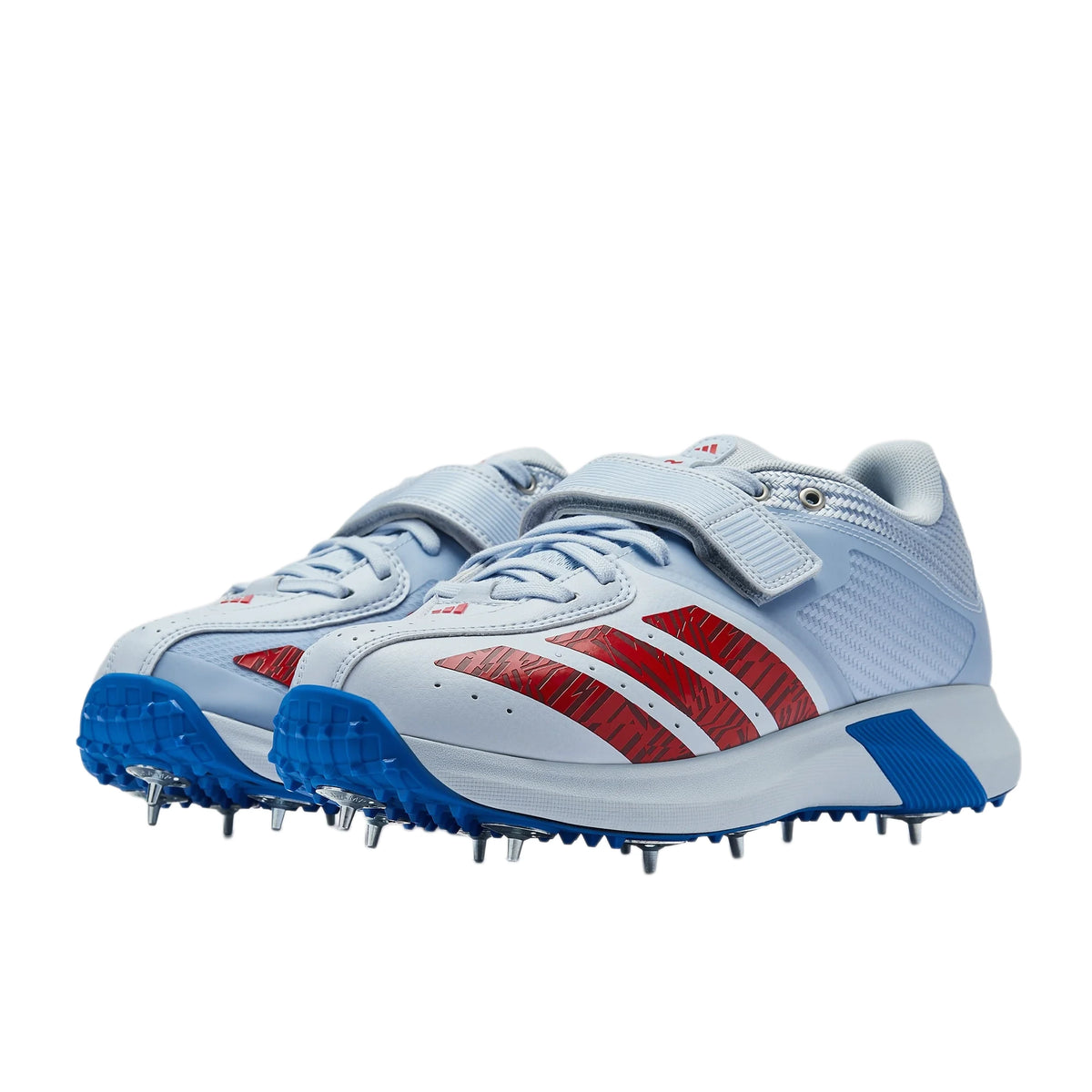 Pair of light blue Adidas adiPower Victor Incurza cricket shoes showing front toe profile and metal spikes