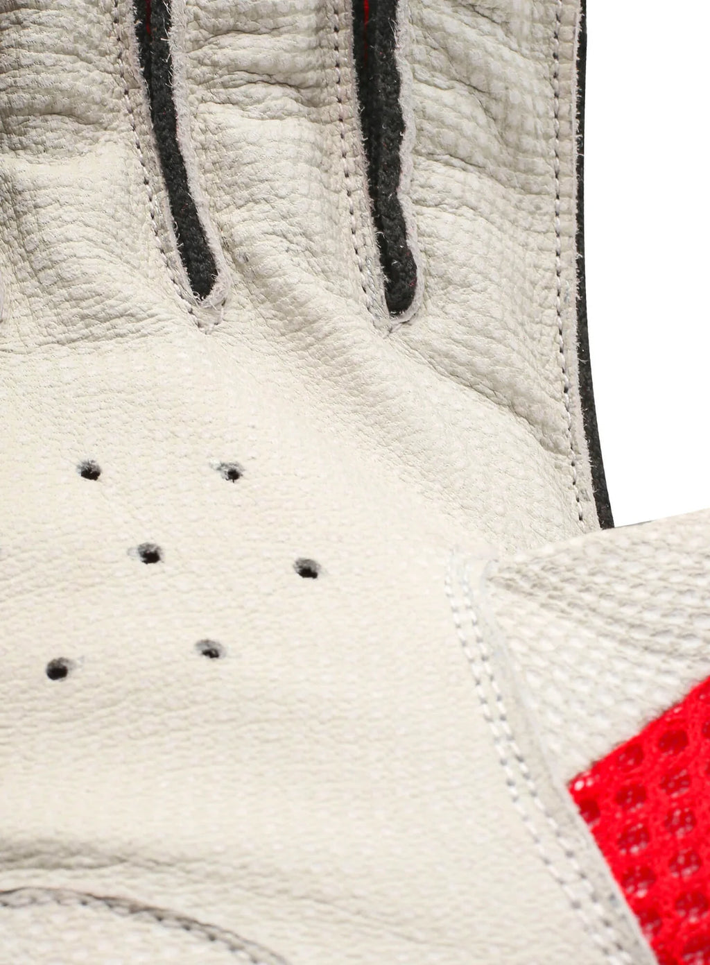 Close up of premium leather texture and ventilation holes on CA Plus Player Edition Batting Gloves - Alberta Cricket Store