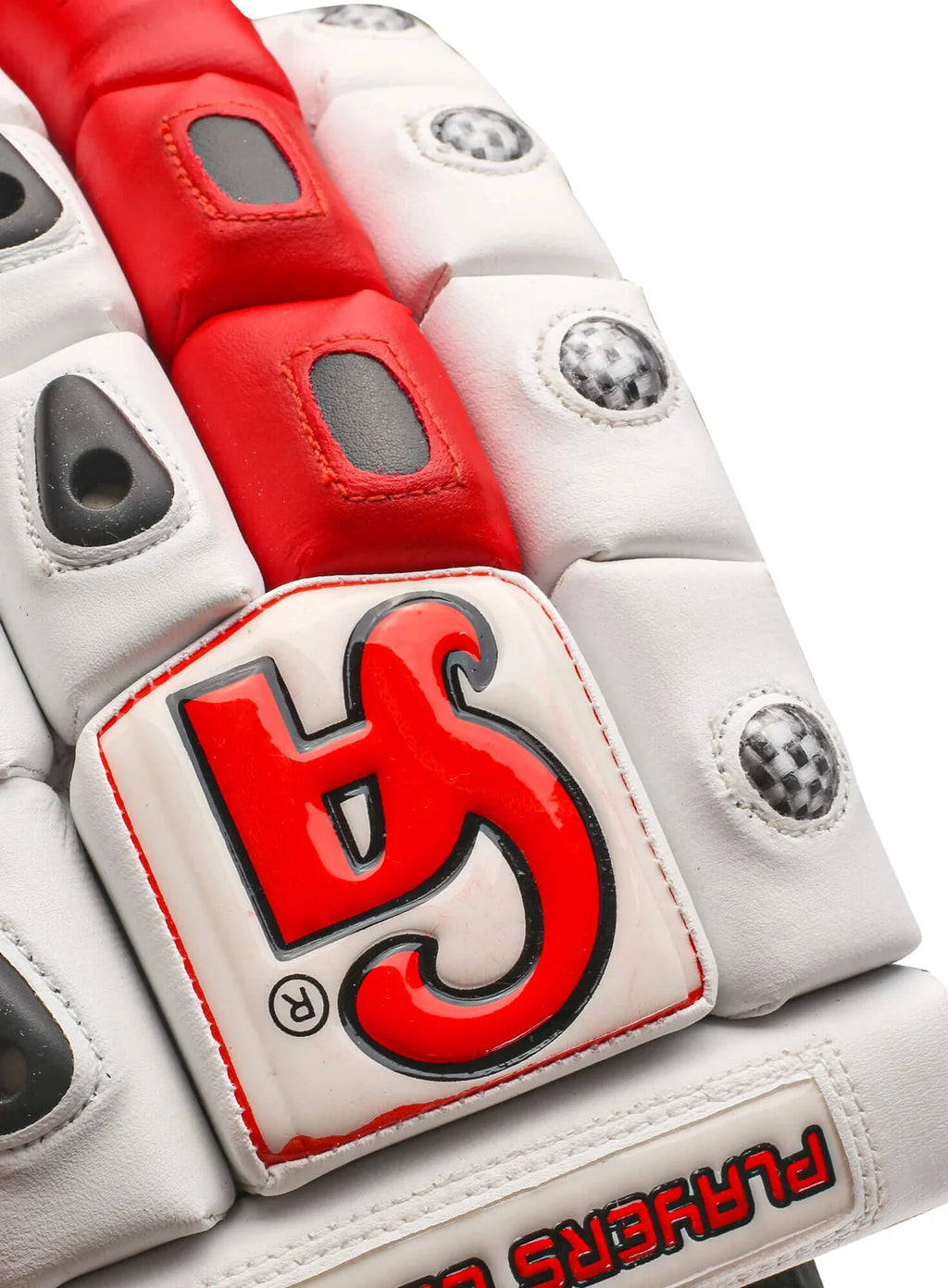 Close up of red CA logo and textured finger rolls on CA Plus Player Edition Batting Gloves - Alberta Cricket Store