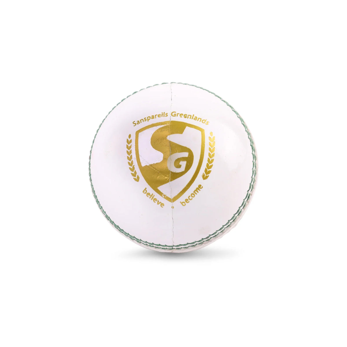 Front view of a white four-piece SG Club leather cricket ball showing gold foil "CLUB" branding and green stitching.