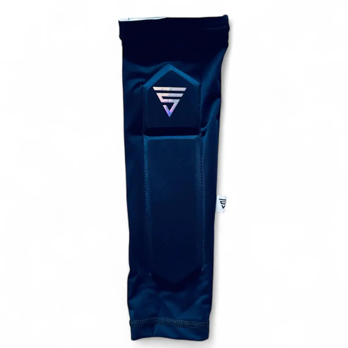 Front view of the black Versant GC Cricket Arm Guard compression sleeve featuring integrated impact-absorbing forearm padding and a blue shield logo.