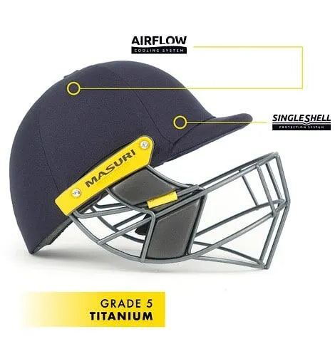 Masuri T Line Titanium cricket helmet with Airflow and Single Shell systems, available at albertacricketstore.com.