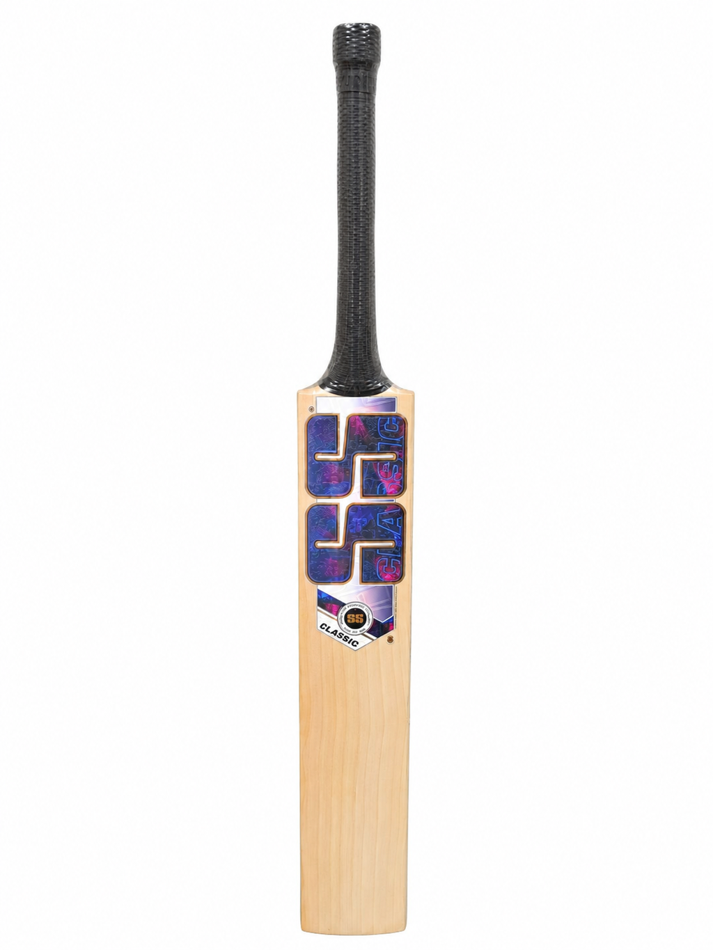 Front blade view of the SS Classic English Willow Cricket Bat featuring a vibrant blue and purple metallic SS decal, straight wood grains, and a textured black rubber handle grip.