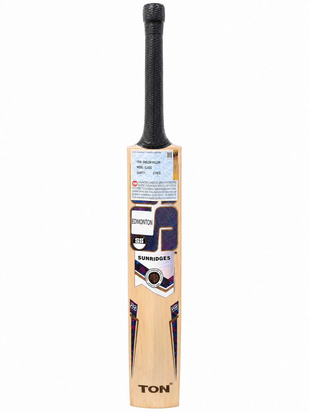 Rear spine view of the SS Classic English Willow Cricket Bat showcasing its pronounced back profile with signature metallic blue and silver Sunridges decals, TON branding, and a black textured handle grip