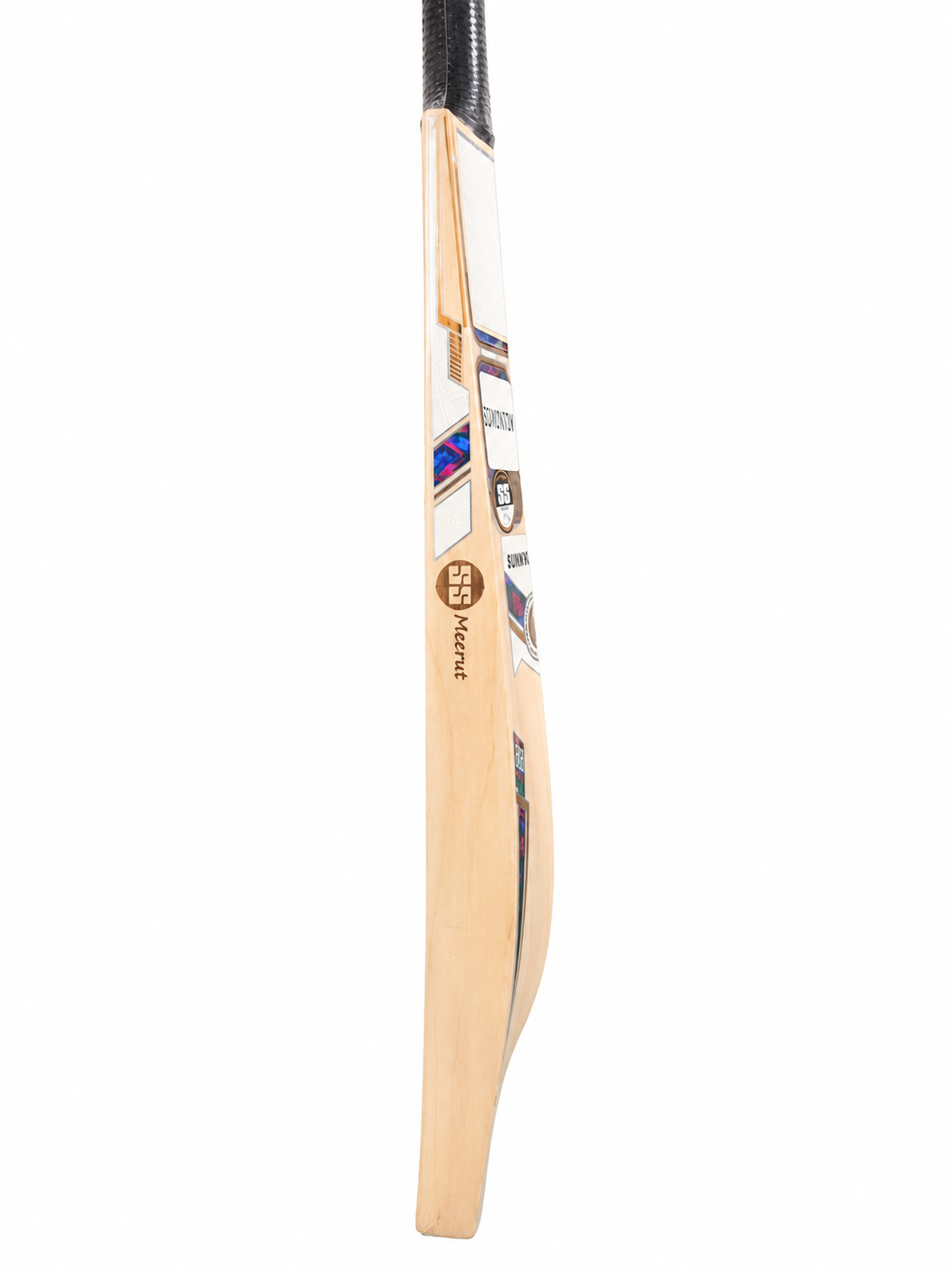 Side profile view of the SS Classic English Willow Cricket Bat displaying its thick power edges, pronounced side bow curve, and premium metallic blue and silver Sunridges decals