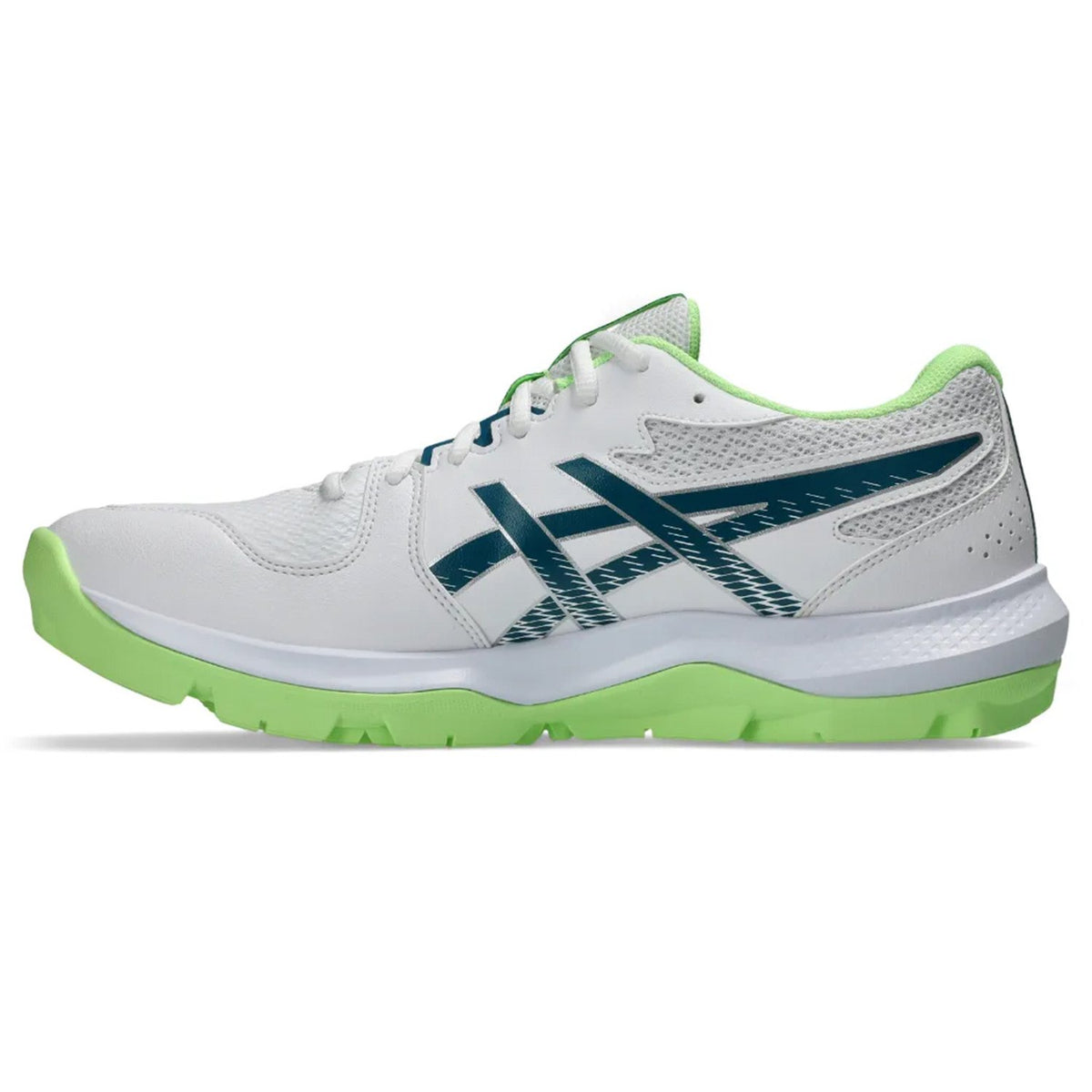 Side profile view of Asics Gel-Peake 3 cricket shoe in white with dark teal side stripes and bright lime green sole and inner lining