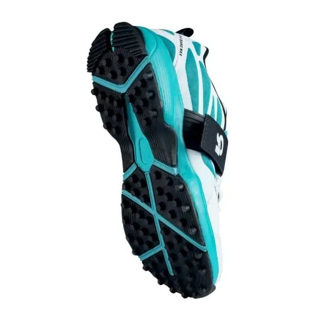 Bottom sole view of the CA Big Bang Max cricket shoe in teal and black featuring multi-directional rubber studs for grip