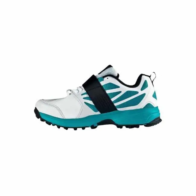 Side profile view of the CA Big Bang Max cricket shoe in white and teal featuring a dark midfoot strap and cleated sole