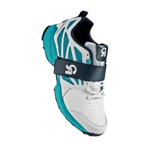 CA Big Bang Max cricket shoe in white, teal, and black viewed from above, highlighting the midfoot support strap and toe box design