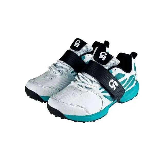 CA Big Bang Max cricket shoes in white and teal with a black midfoot strap