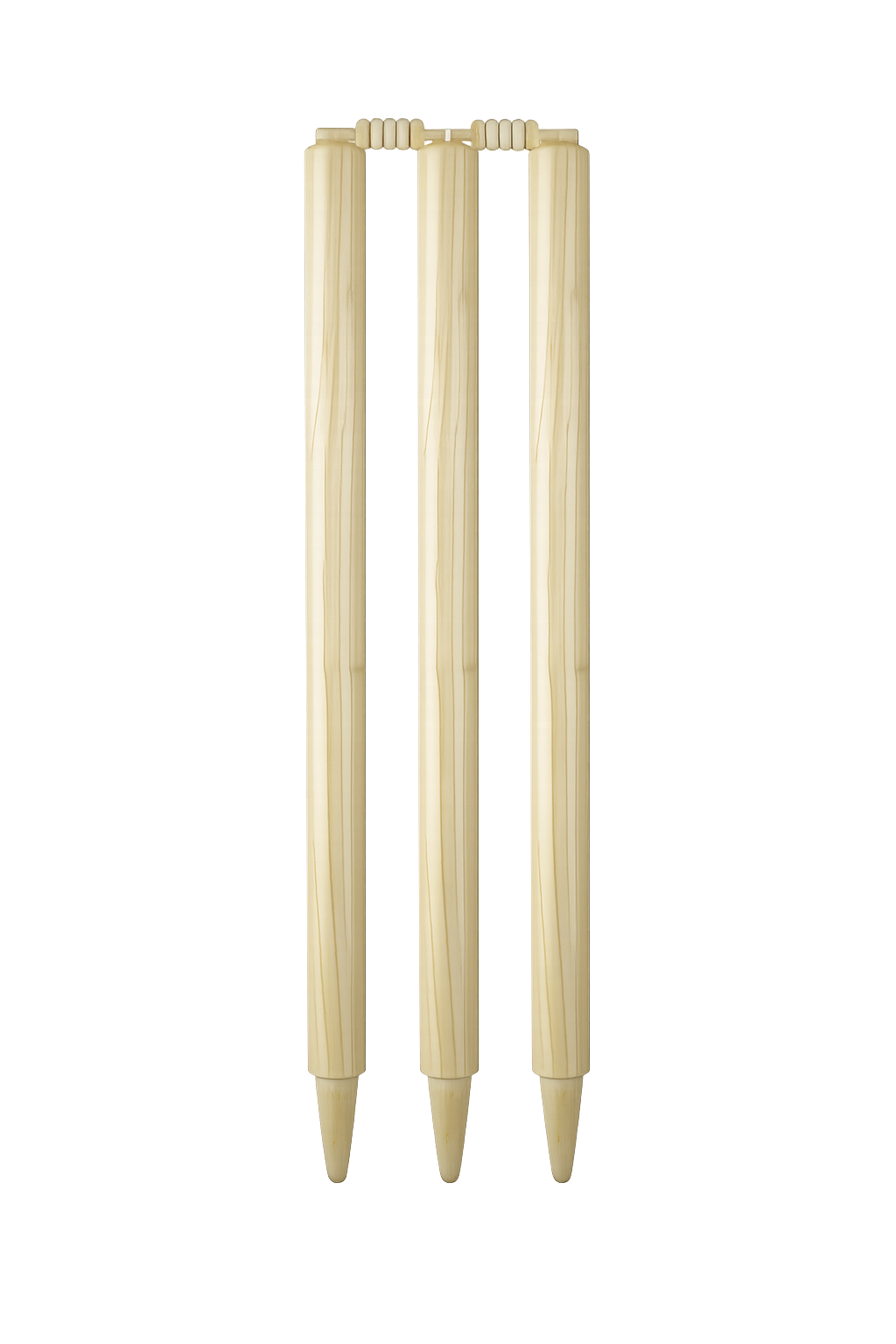 Full set of six premium white-labeled ACS Ashwood Cricket Stumps and four wooden bails displayed on green grass.