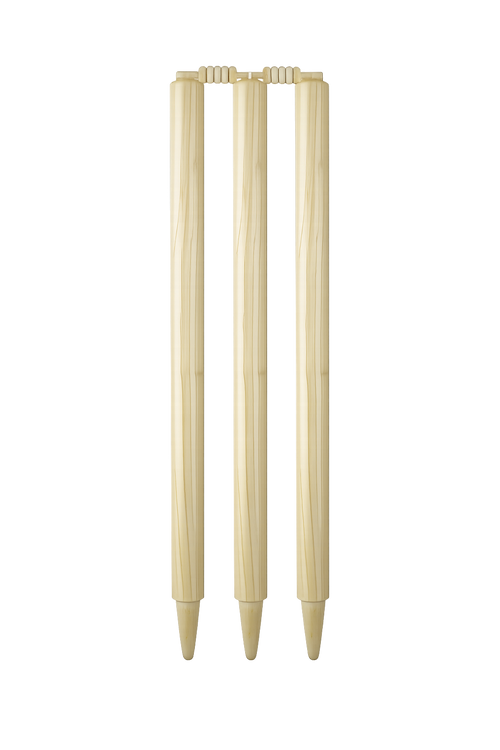 Full set of six premium white-labeled ACS Ashwood Cricket Stumps and four wooden bails displayed on green grass.