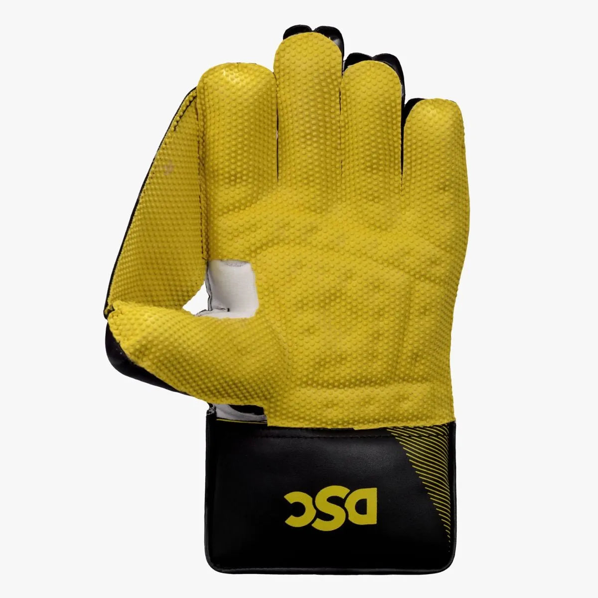 Yellow textured palm view of DSC Condor Ruffle Wicket Keeping Gloves at Alberta Cricket Store