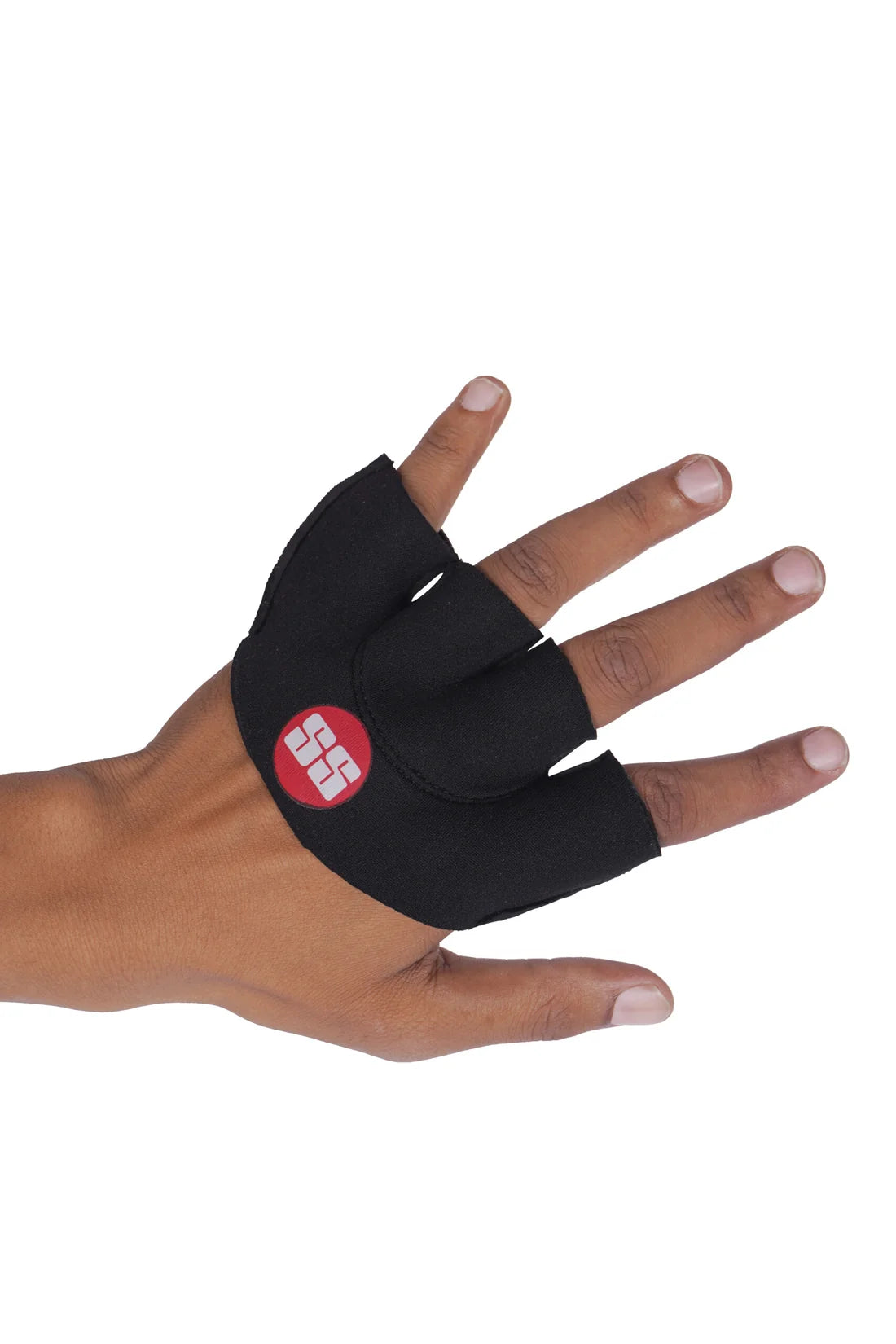 Black SS Pro fielding glove worn on hand showing padded palm grip and exposed fingertips