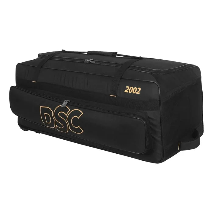 Top angle view of DSC 2002 Wheelie cricket kit bag in black showing 2002 series model branding on Alberta.