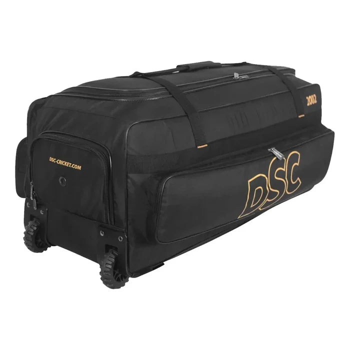 Bottom base view of DSC 2002 Wheelie cricket kit bag showing heavy-duty wheels and base protection on Alberta.