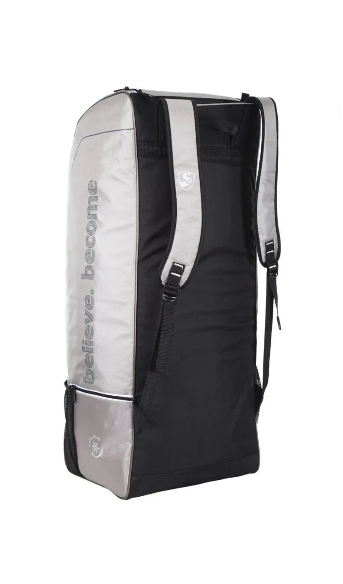 Back view of a grey and black SG Ashes cricket kit bag from Albertacricketstore.com, showing the padded backpack shoulder straps and ergonomic mesh back panel.