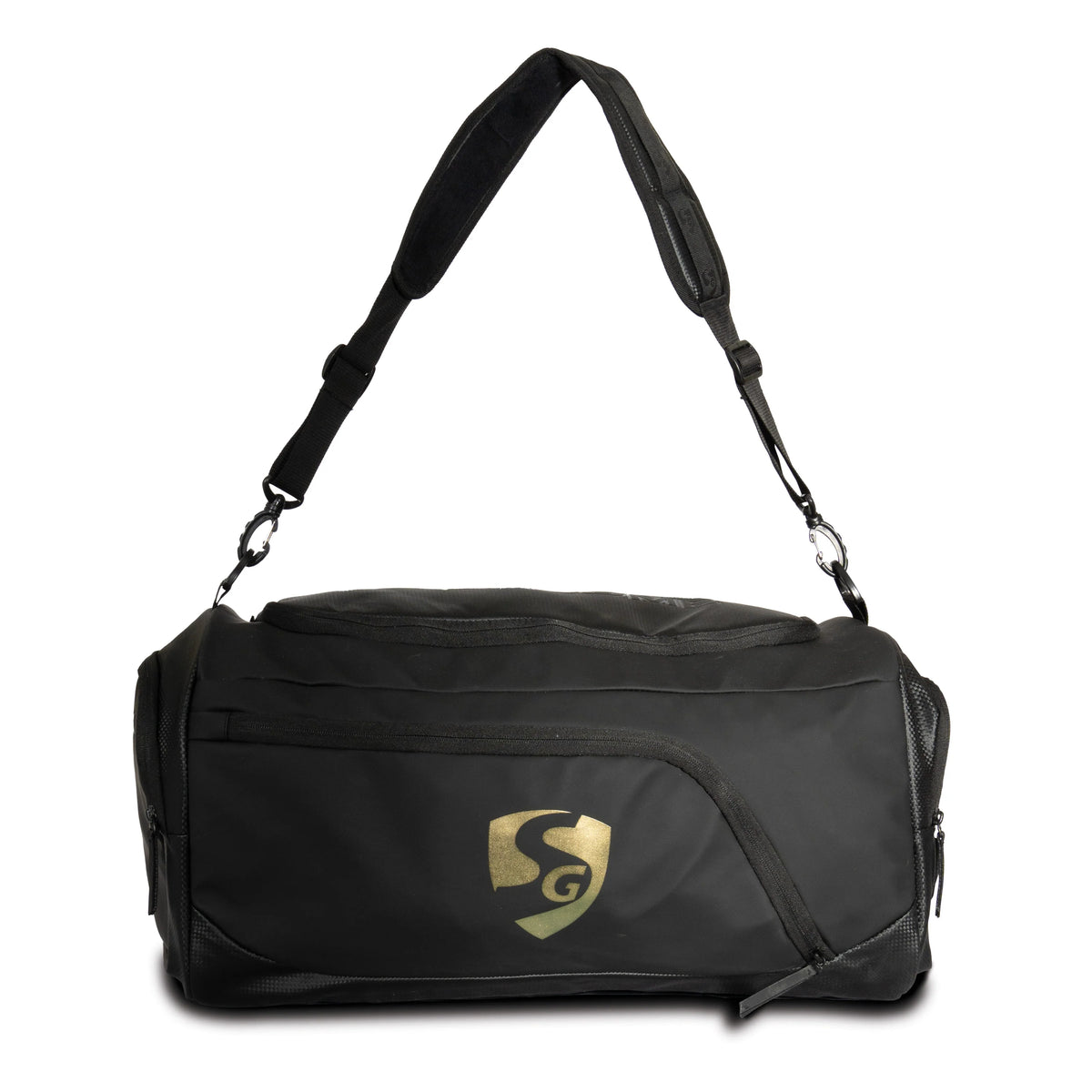 Black SG HP33 gym bag and duffle handbag with a gold SG logo showing its adjustable shoulder strap on a white background.