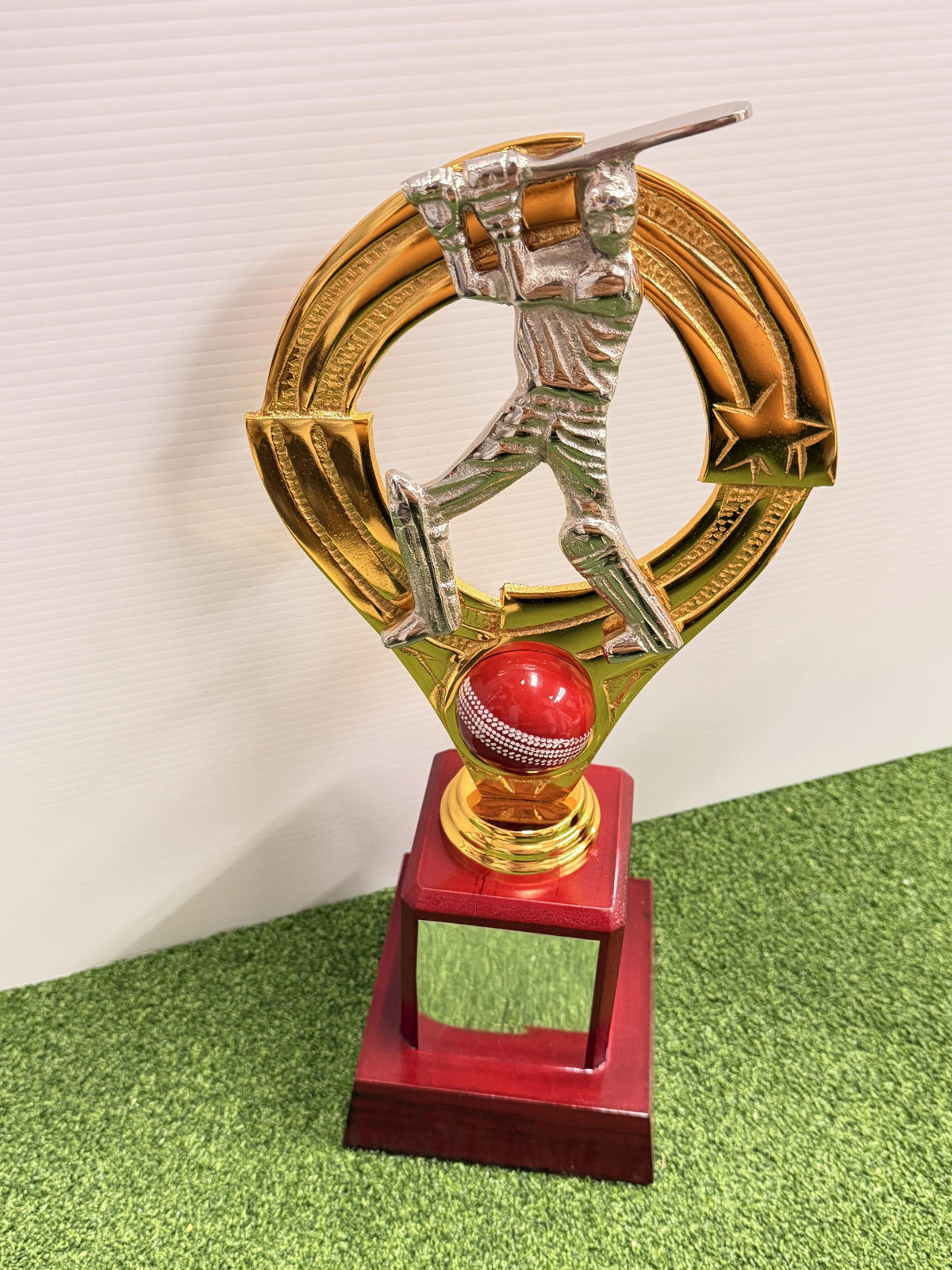 17-inch cricket trophy featuring a silver batsman inside a golden circular frame on a red wooden base - Albert Cricket Store