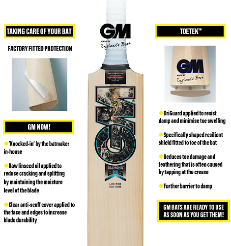 GM cricket bat factory protection infographic guide displaying a premium English Willow bat with technical details on GM NOW in-house knocking and TOETEK toe shield protection technology.
