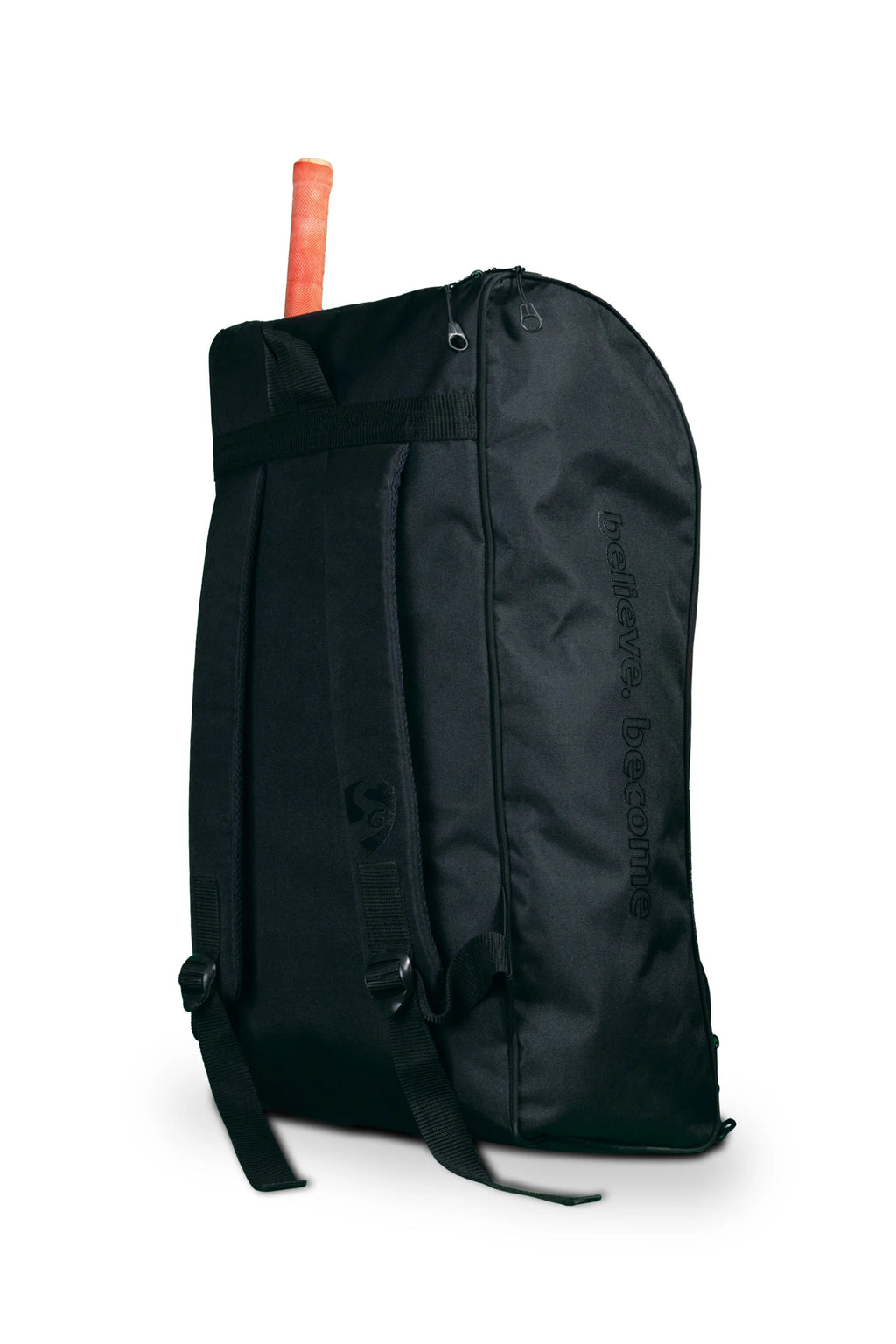 Back view of the black SG KLR Junior Duffle cricket kit bag showing the padded adjustable shoulder backpack straps.