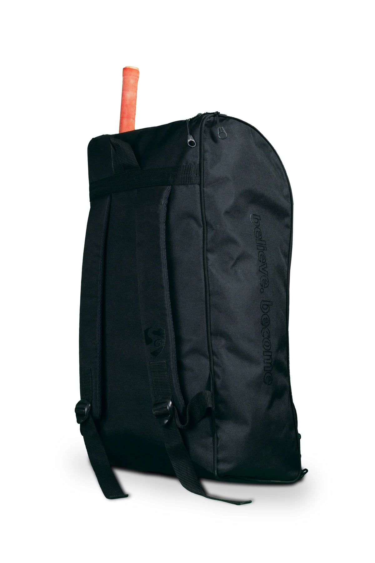 Back view of the black SG KLR Junior Duffle cricket kit bag showing the padded adjustable shoulder backpack straps.