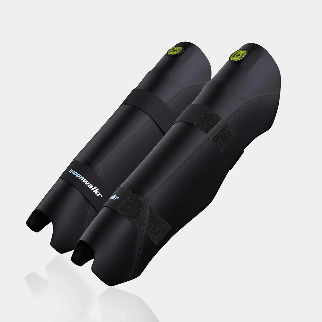 Moonwalkr Keeping Shin Guards black and lime green pair side angle perspective view at Alberta Cricket Store