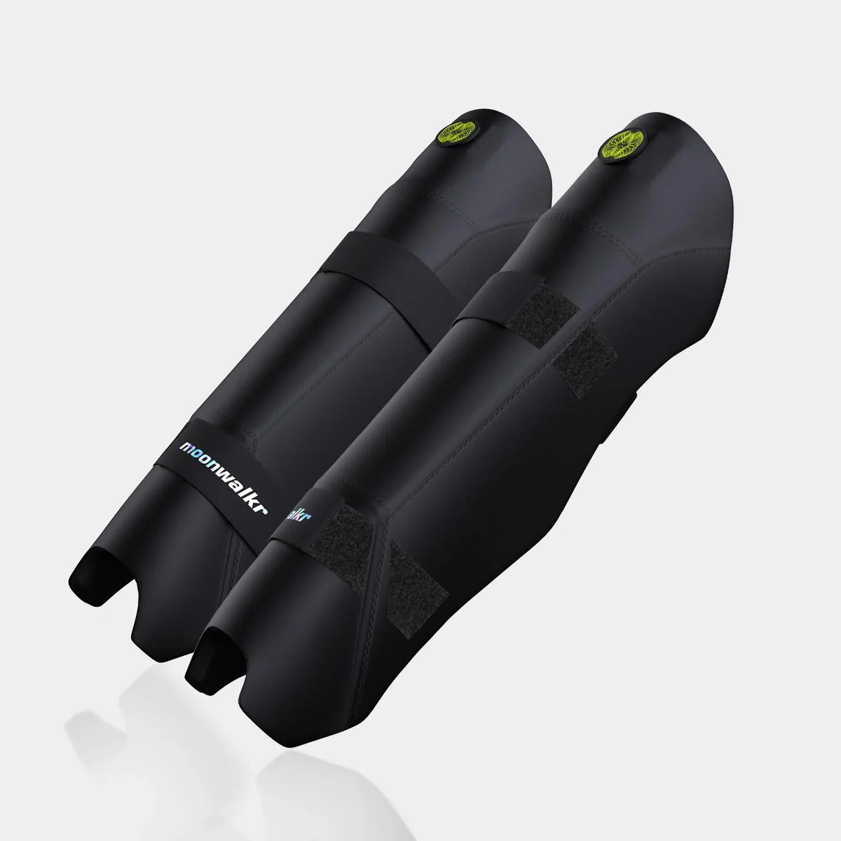 Moonwalkr Keeping Shin Guards black and lime green pair side angle perspective view at Alberta Cricket Store