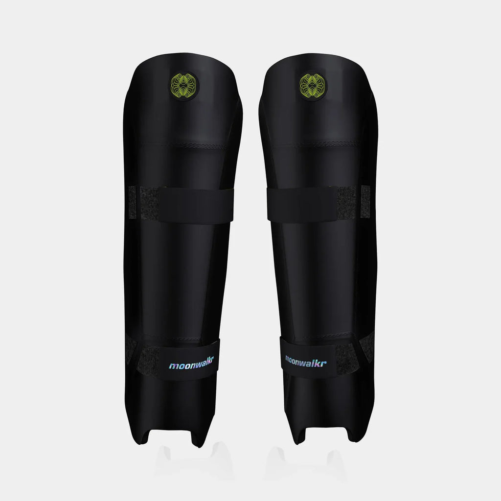 Moonwalkr Keeping Shin Guards black and lime green inner foam padding closeup at Alberta Cricket Store
