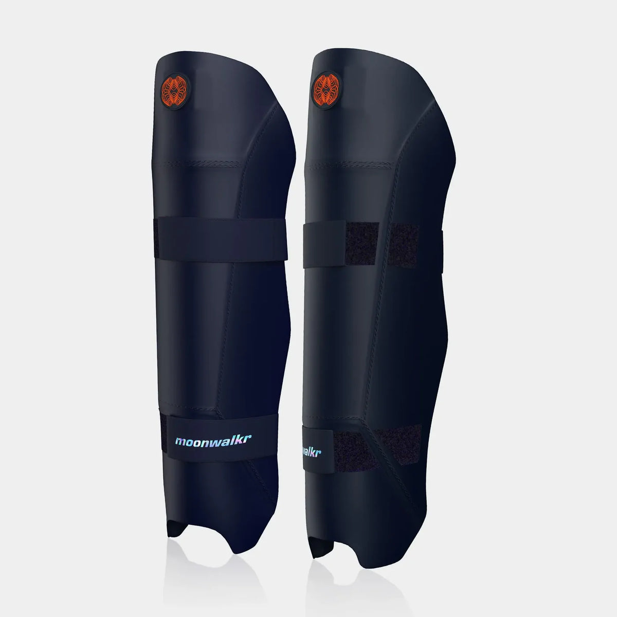 Moonwalkr Keeping Shin Guards navy blue pair side angle perspective view at Alberta Cricket Store