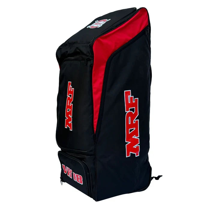 Side angle view of MRF VK 18 SR wheelie duffle cricket bag in black and red on Alberta.