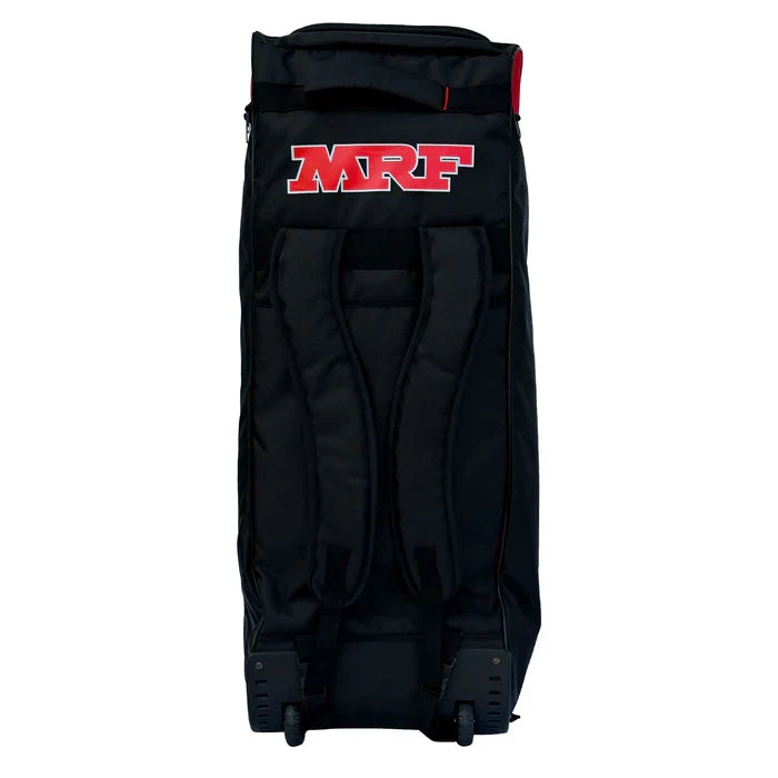 Rear view of MRF VK 18 SR wheelie duffle cricket bag showing padded backpack straps and wheels on Alberta.