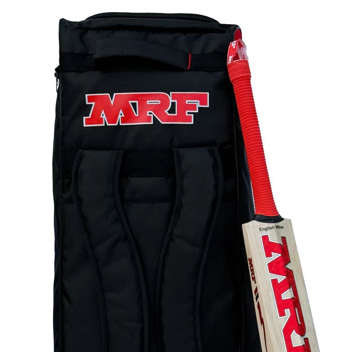 Side profile of MRF VK 18 SR wheelie duffle cricket bag showing side bat sleeve on Alberta.