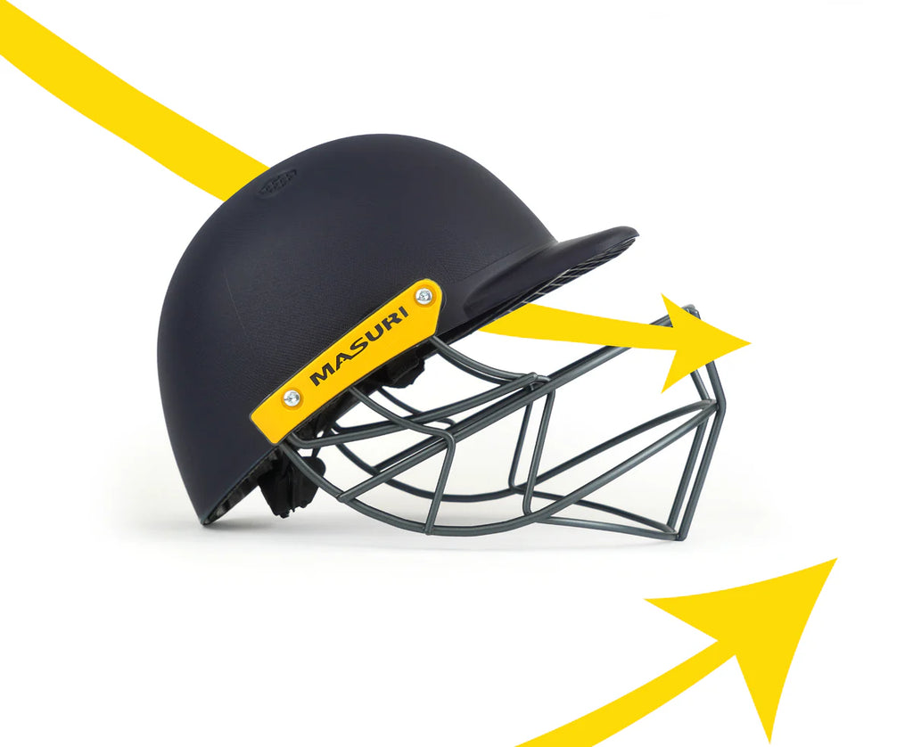Detailed specification view of the Masuri C-Line cricket helmet highlighting safety features.