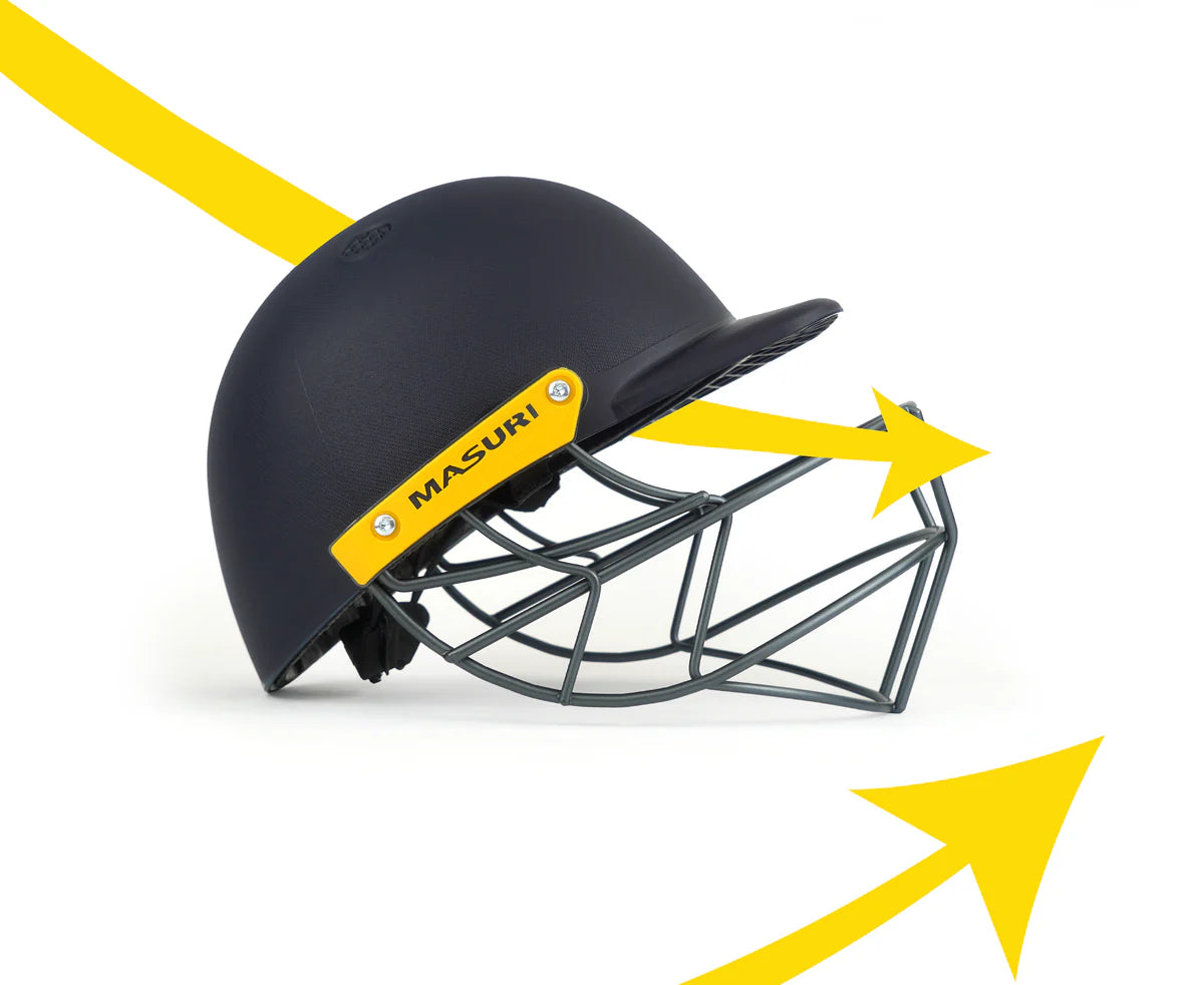 Detailed specification view of the Masuri C-Line cricket helmet highlighting safety features.