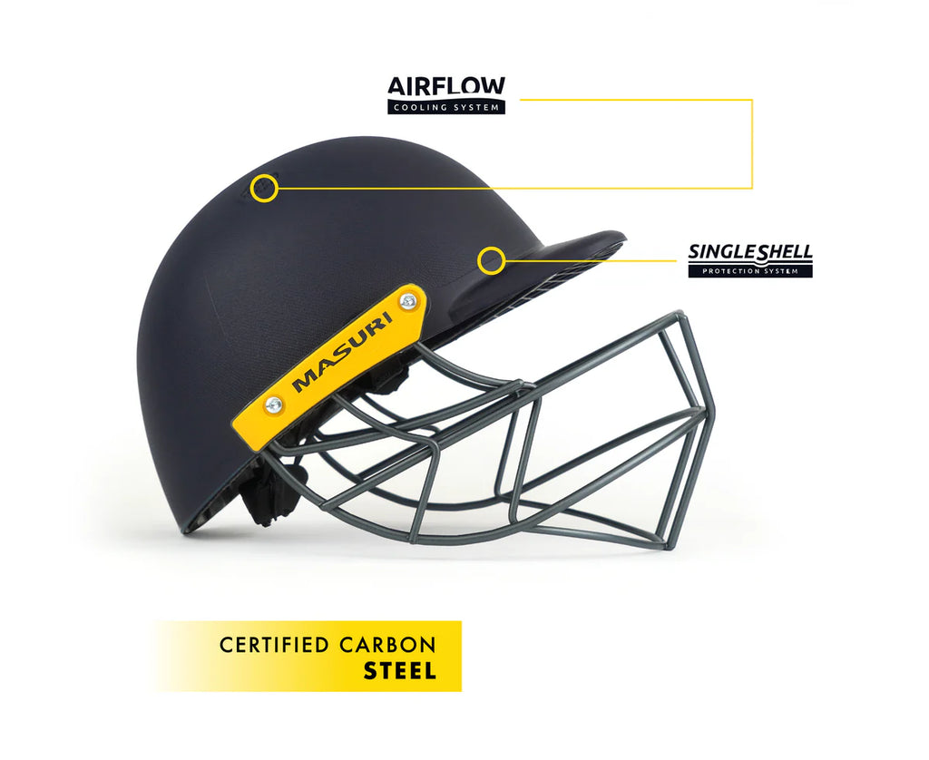 Technical features of the Masuri C-Line cricket helmet, including Airflow cooling system, Single Shell protection, and certified carbon steel.