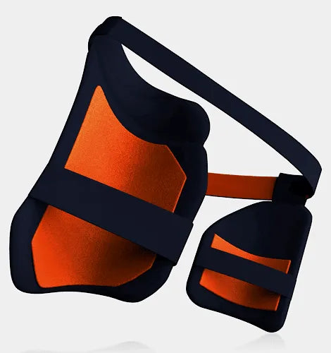 Moonwalkr Thigh Guards 2.0 with orange and navy blue design, providing high-quality leg protection for cricket.