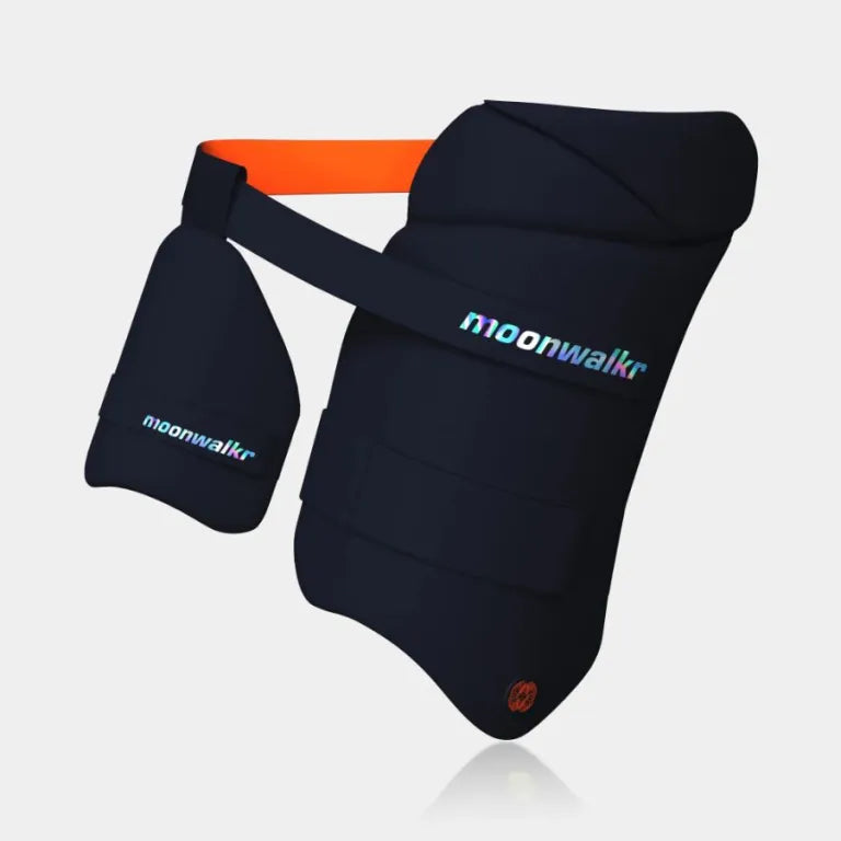 Moonwalkr Thigh Guards 2.0 in navy blue, offering advanced leg protection for cricket
