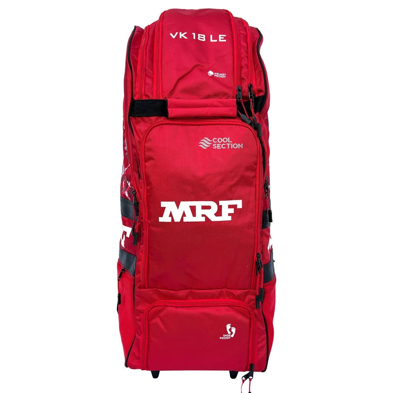MRF VK 18 LE duffel wheelie cricket bag in red with white MRF logo on Alberta.