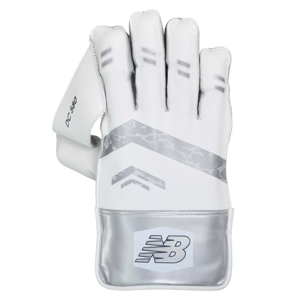 Back view of white and silver New Balance DC 580 Wicket Keeping Gloves at Alberta Cricket Store