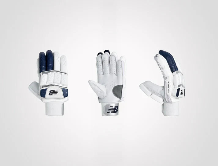 Multiple angles of the New Balance DC 10i Pro adult cricket batting gloves showing front, palm, and side views on albertacrickets.com.