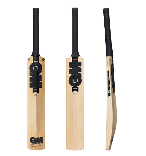 GM Noir Original English Willow Cricket Bat displayed from three angles including the front face, back spine, and side profile view with sleek black labels and a black grip.