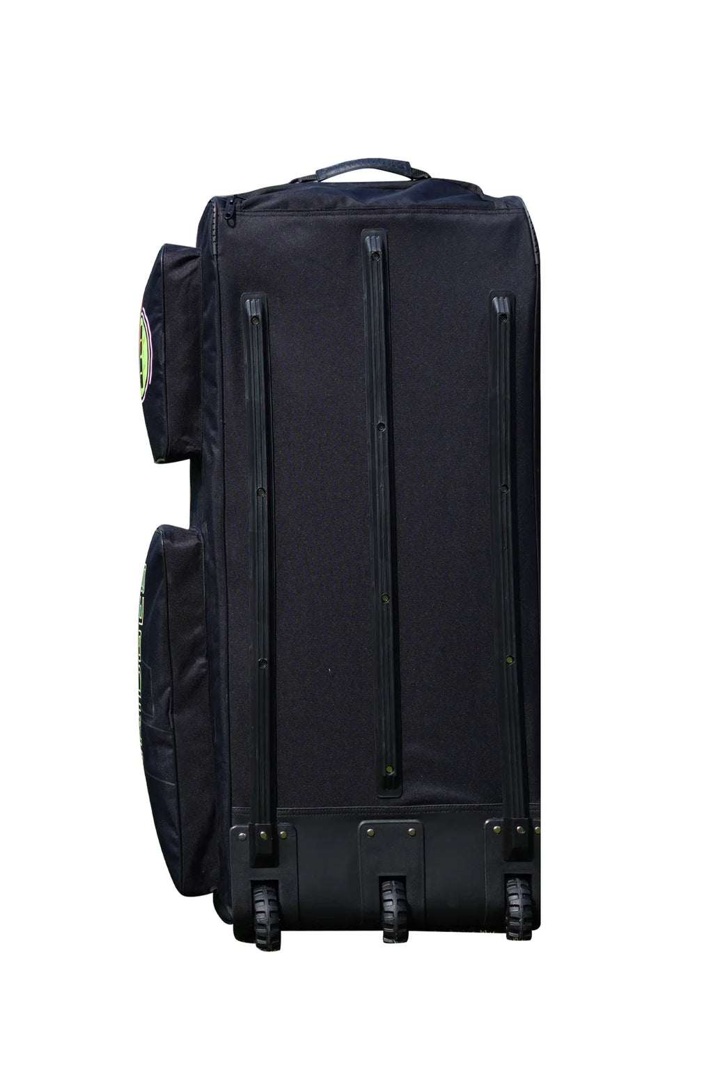 Product view of SS Player 1.0 cricket kit bag in black and lime green on Alberta.